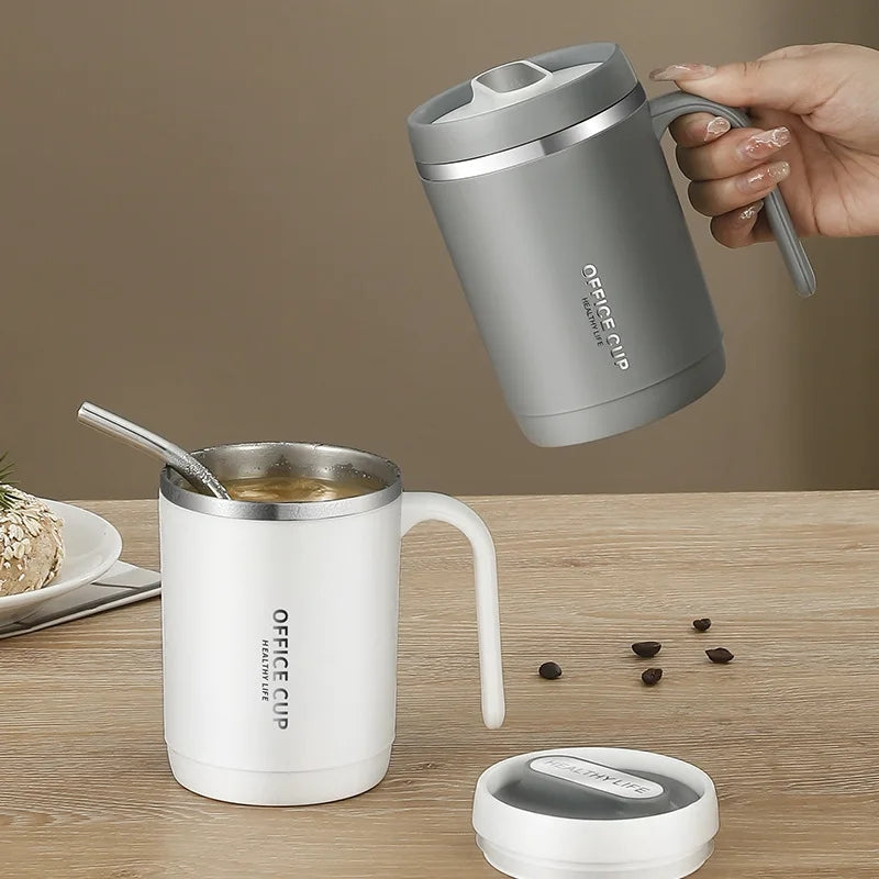 Steel Insulated Travel Mug with Lid & Straw – Coffee, Milk & Juice Cup with Handle | Portable Hot & Cold Drink Mug