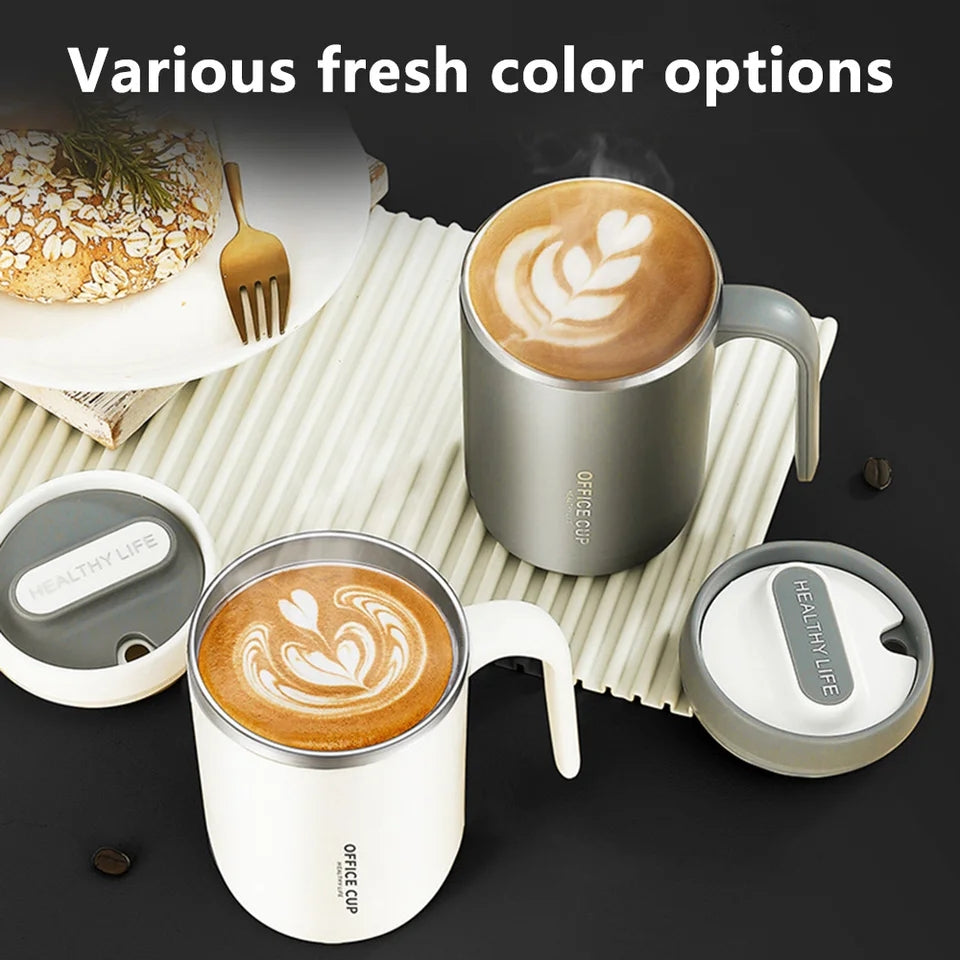 Steel Insulated Travel Mug with Lid & Straw – Coffee, Milk & Juice Cup with Handle | Portable Hot & Cold Drink Mug