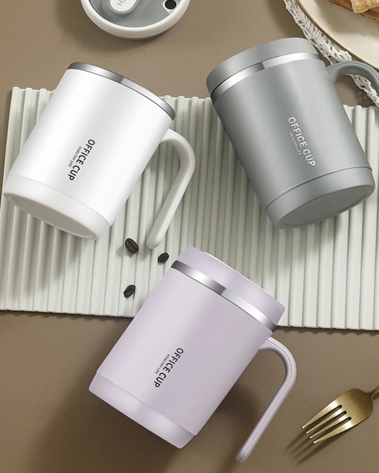 Steel Insulated Travel Mug with Lid & Straw – Coffee, Milk & Juice Cup with Handle | Portable Hot & Cold Drink Mug