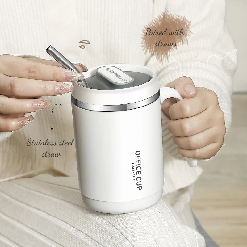 Steel Insulated Travel Mug with Lid & Straw – Coffee, Milk & Juice Cup with Handle | Portable Hot & Cold Drink Mug