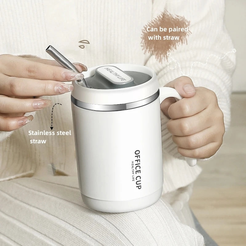 Steel Insulated Travel Mug with Lid & Straw – Coffee, Milk & Juice Cup with Handle | Portable Hot & Cold Drink Mug