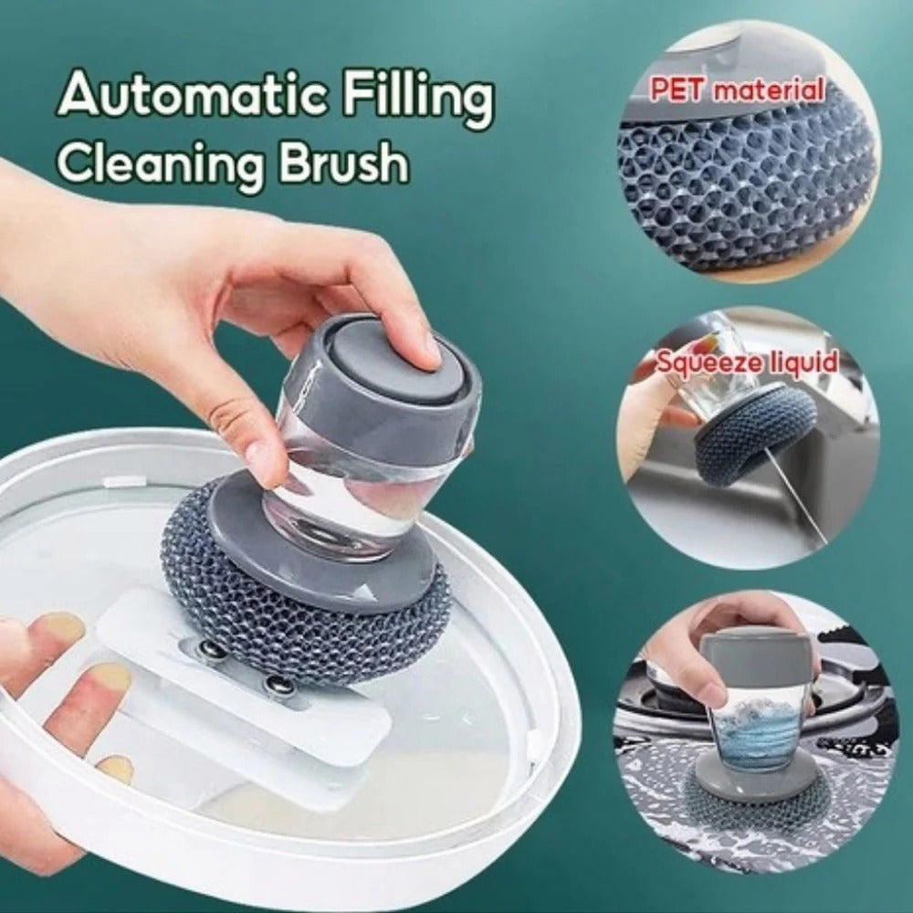 Kitchen Soap Dispensing Palm Brush – Easy Fill Dish Scrubber with Soft Non-Scratch PET Bristles