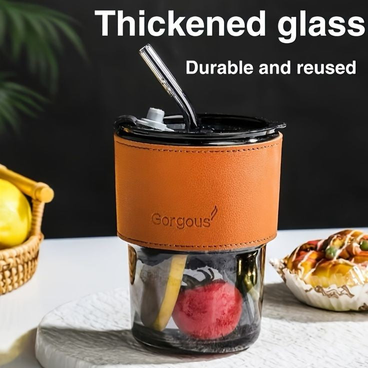 Reusable Coffee Mug with Straw 300ml | Leakproof Lid & Heat-Resistant PU Leather Sleeve for Hot & Cold Drinks