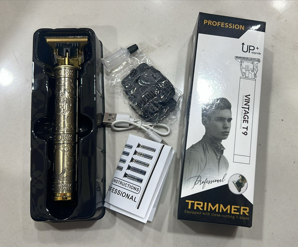 Vintage T9 Metal Body Hair Trimmer for Men – USB Rechargeable Professional Hair Clipper for Beard, Hair & Precision Detailing