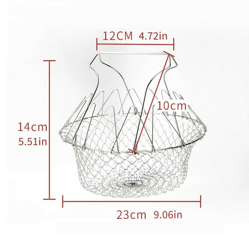 Stainless Steel Multi-Functional Foldable Chef Basket | Deluxe Kitchen Colander for Steam, Rinse, Strain & Fry