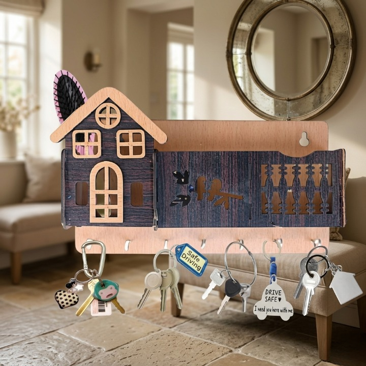 Decorative Wooden House Key Holder Wall Mounted - 6 Hooks Key Organizer with Marble Finish