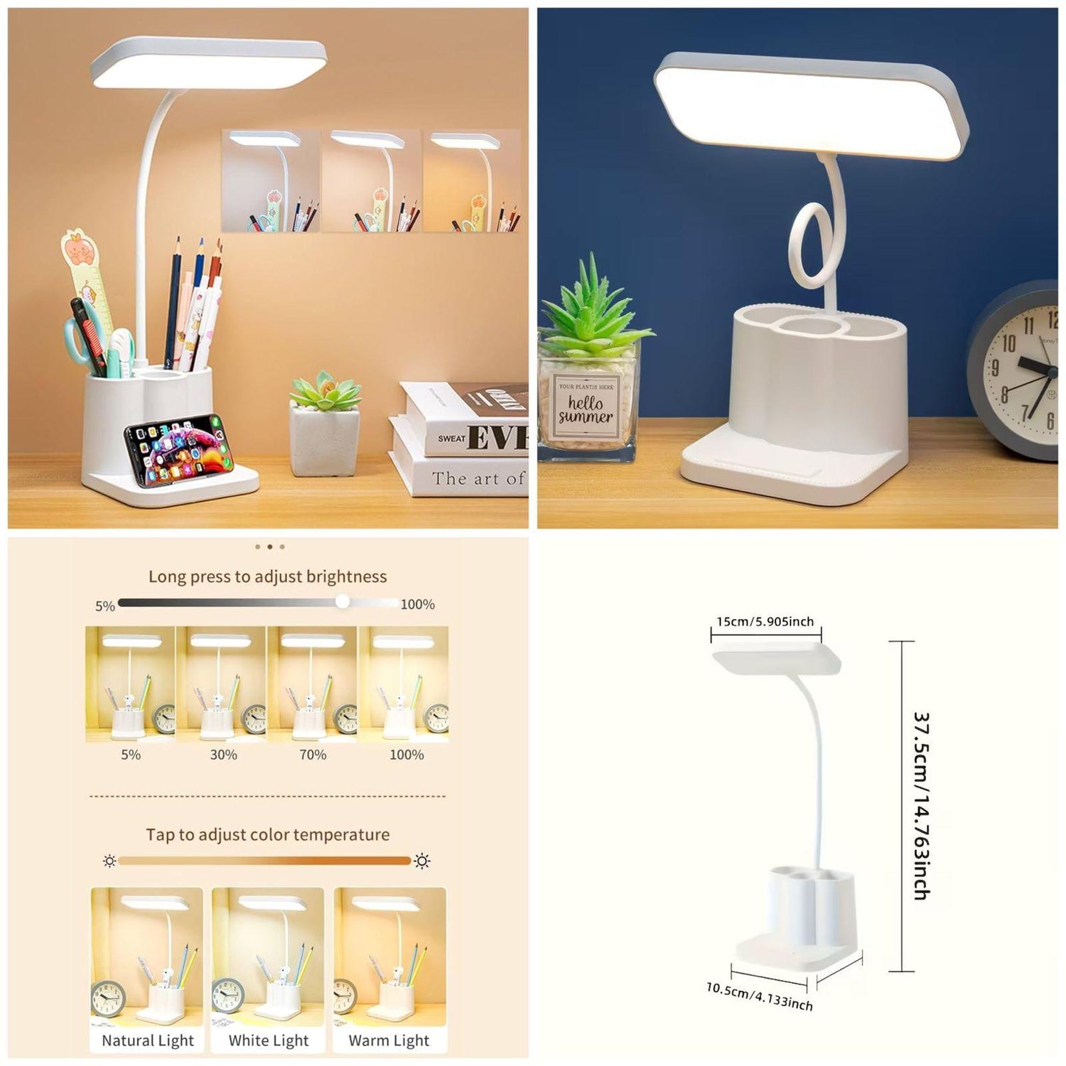 3-in-1 LED Study Lamp with Pen Holder & Phone Stand – Touch Dimmable Desk Light