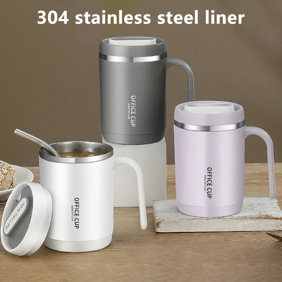 Steel Insulated Travel Mug with Lid & Straw – Coffee, Milk & Juice Cup with Handle | Portable Hot & Cold Drink Mug