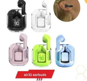 Air31 Wireless Earbuds with Silicon Pouch – Transparent Crystal Design, Bluetooth 5.3, Type-C Charging