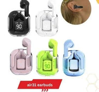 Air31 Wireless Earbuds with Silicon Pouch – Transparent Crystal Design, Bluetooth 5.3, Type-C Charging