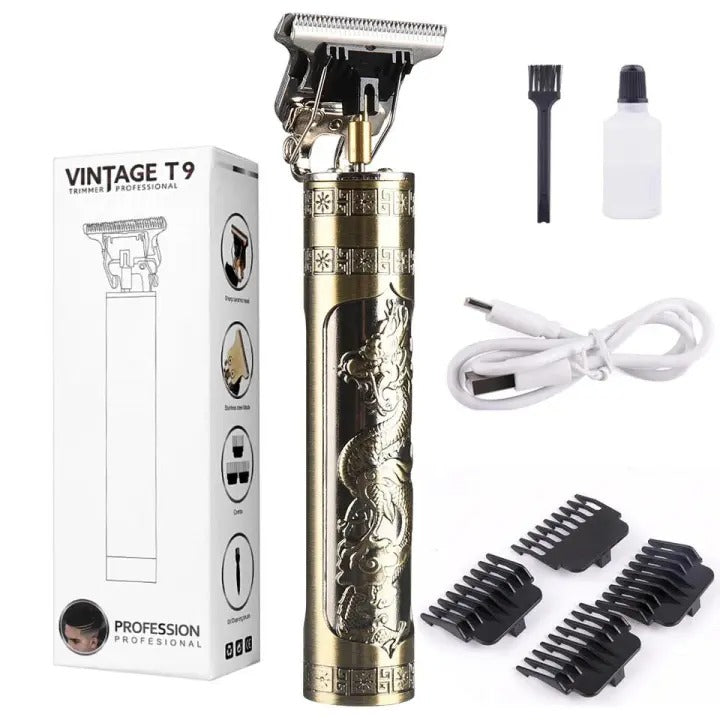 Vintage T9 Metal Body Hair Trimmer for Men – USB Rechargeable Professional Hair Clipper for Beard, Hair & Precision Detailing