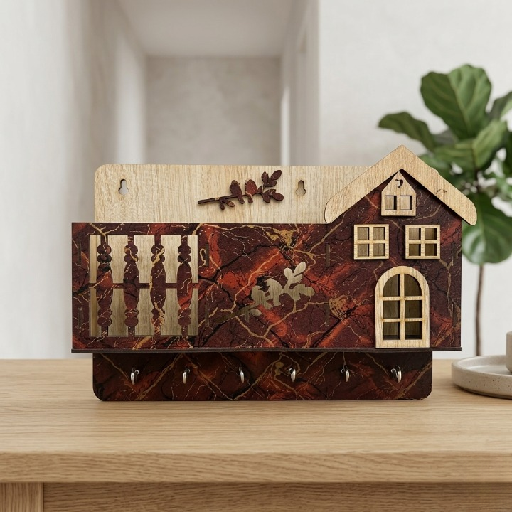 Decorative Wooden House Key Holder Wall Mounted - 6 Hooks Key Organizer with Marble Finish