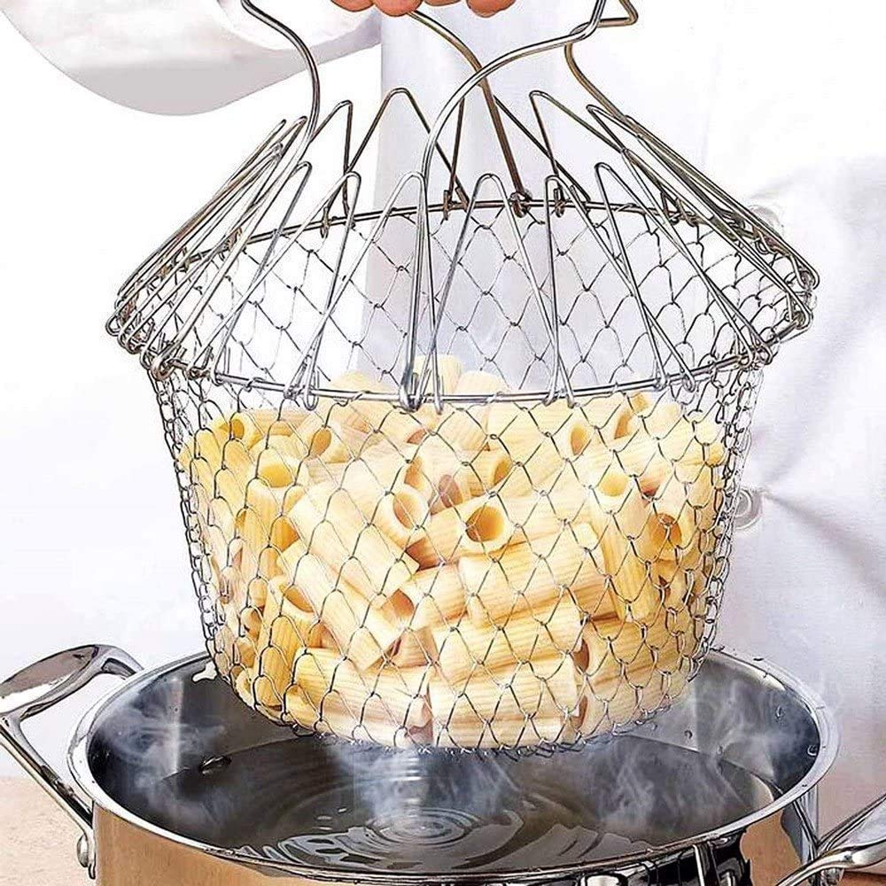 Stainless Steel Multi-Functional Foldable Chef Basket | Deluxe Kitchen Colander for Steam, Rinse, Strain & Fry