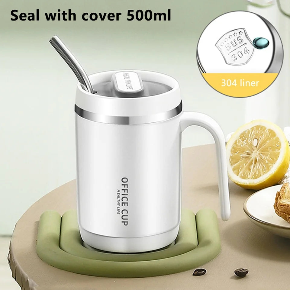 Steel Insulated Travel Mug with Lid & Straw – Coffee, Milk & Juice Cup with Handle | Portable Hot & Cold Drink Mug