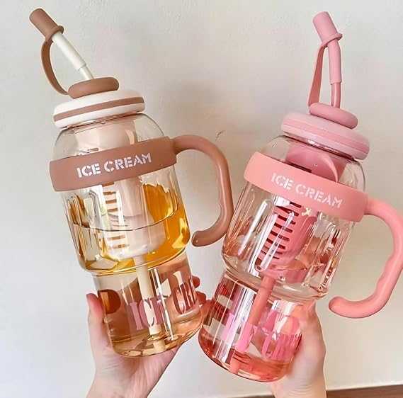 1400ml Ice-Cream Water Bottle – Kawaii Jumbo Smoothie & Milkshake Cup with Straw