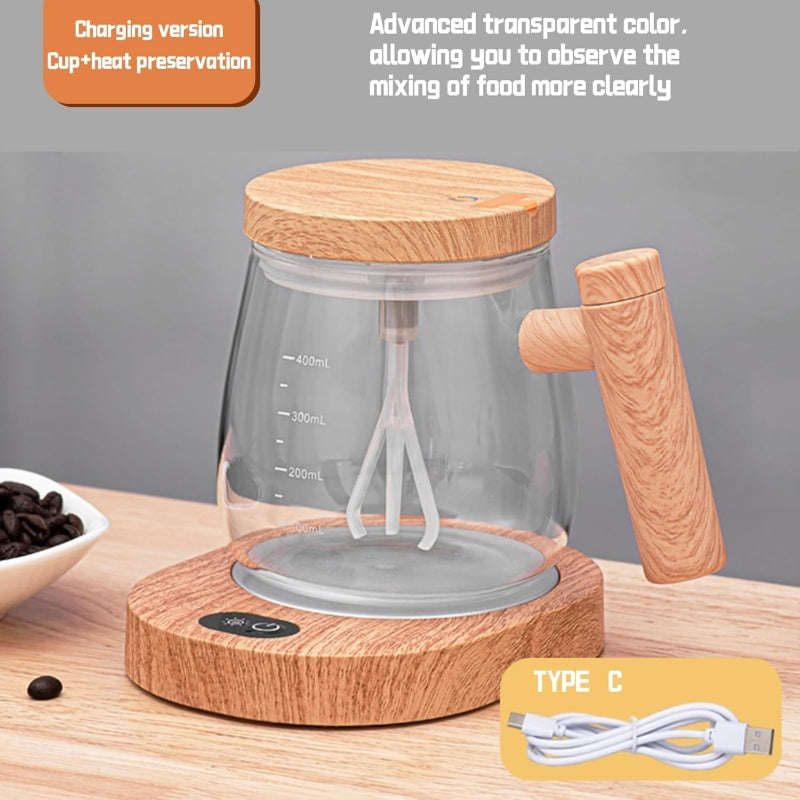 Wooden Design Automatic Self-Stirring Coffee Mug – One Click Electric Mixing Glass Cup