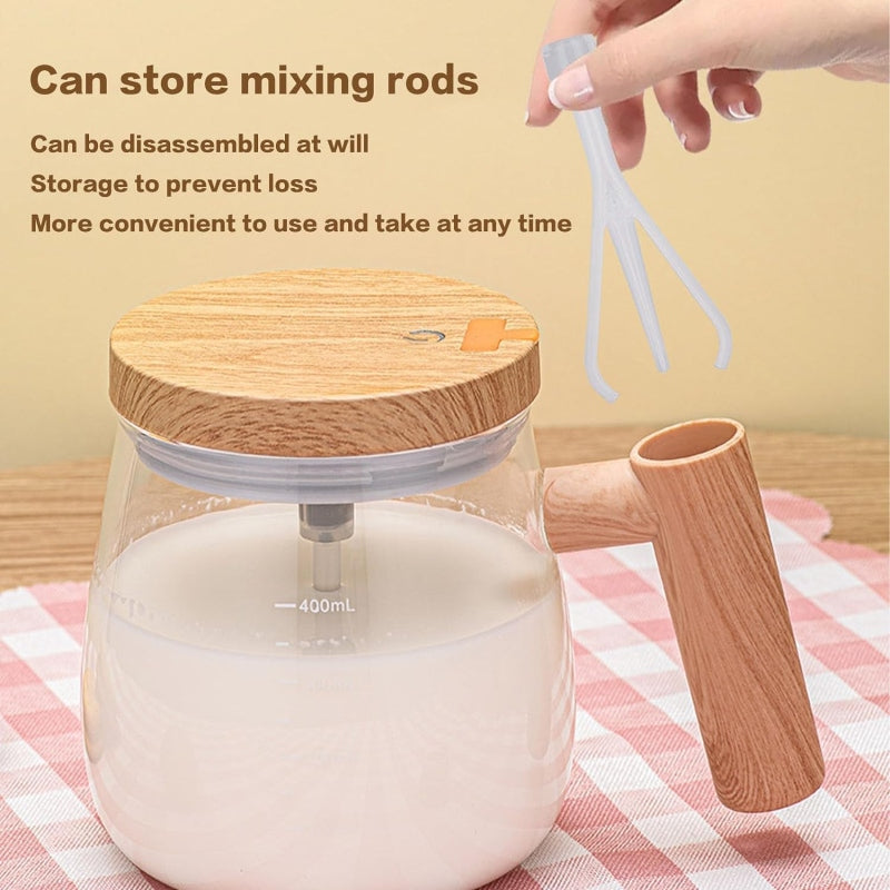 Wooden Design Automatic Self-Stirring Coffee Mug – One Click Electric Mixing Glass Cup