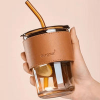 Reusable Coffee Mug with Straw 300ml | Leakproof Lid & Heat-Resistant PU Leather Sleeve for Hot & Cold Drinks