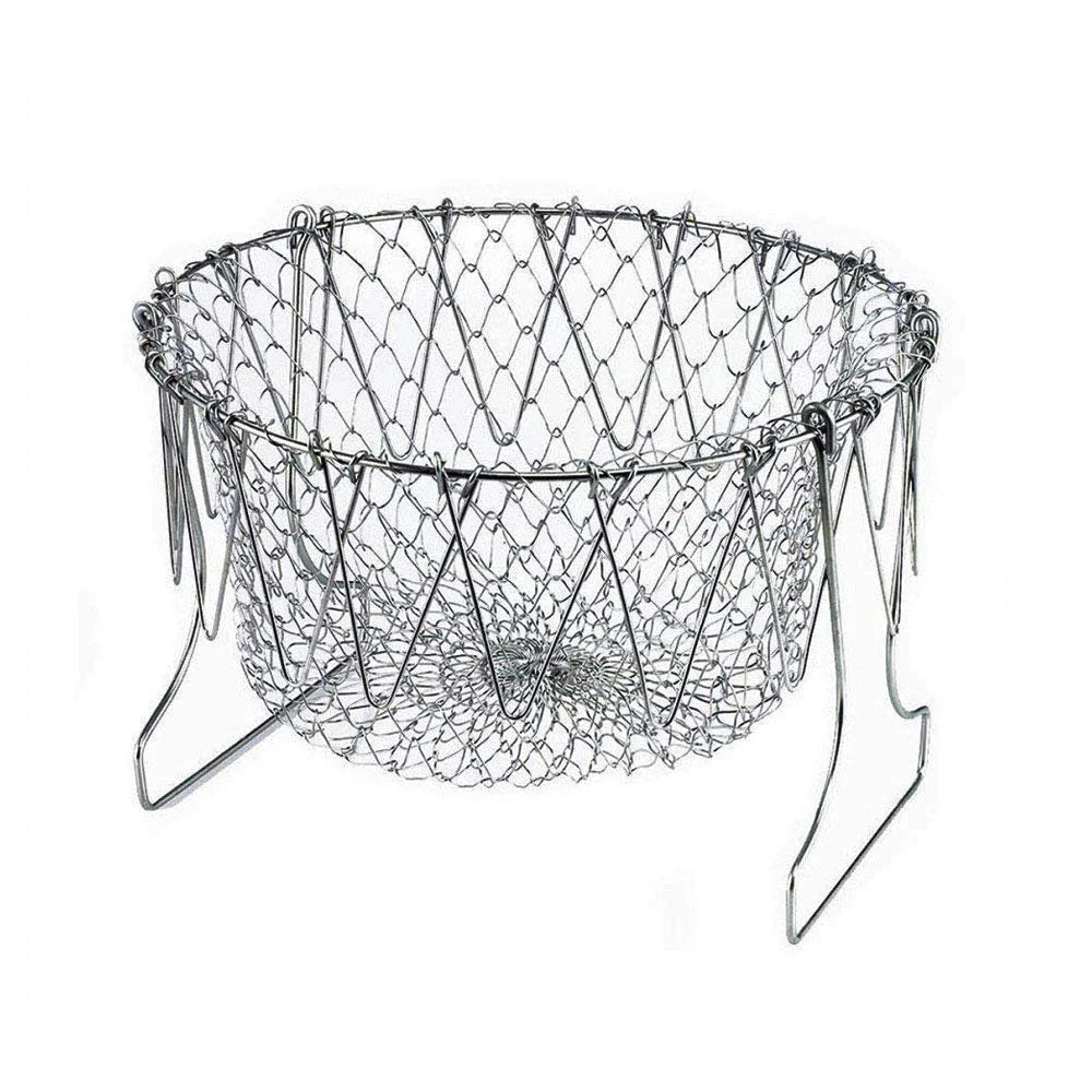 Stainless Steel Multi-Functional Foldable Chef Basket | Deluxe Kitchen Colander for Steam, Rinse, Strain & Fry