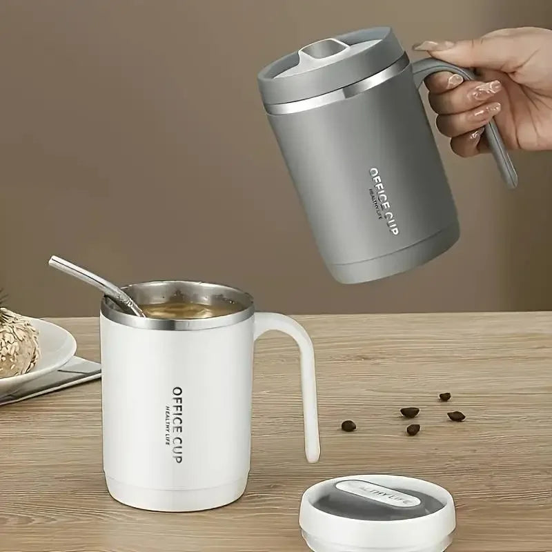 Steel Insulated Travel Mug with Lid & Straw – Coffee, Milk & Juice Cup with Handle | Portable Hot & Cold Drink Mug