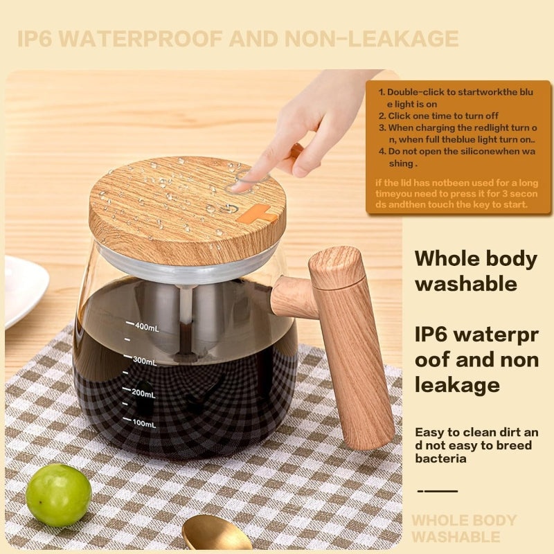 Wooden Design Automatic Self-Stirring Coffee Mug – One Click Electric Mixing Glass Cup