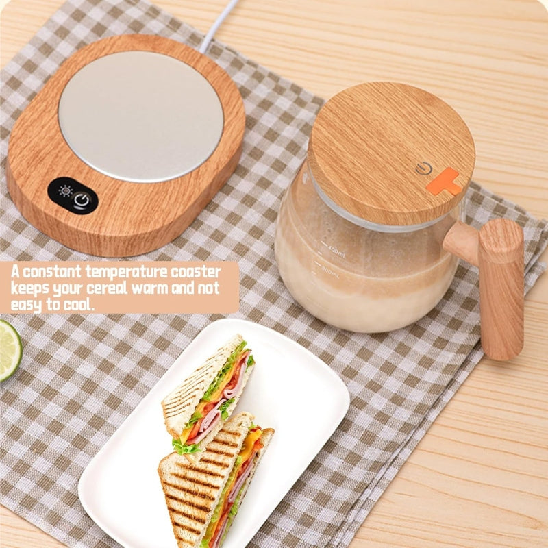 Wooden Design Automatic Self-Stirring Coffee Mug – One Click Electric Mixing Glass Cup