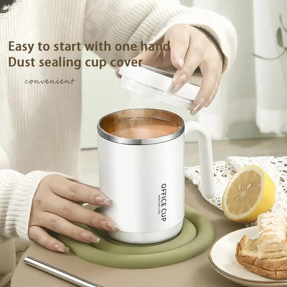 Steel Insulated Travel Mug with Lid & Straw – Coffee, Milk & Juice Cup with Handle | Portable Hot & Cold Drink Mug