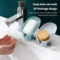 Leaf-Shape Self-Draining Soap Holder – 45° Slanted Soap Dish with Suction Base