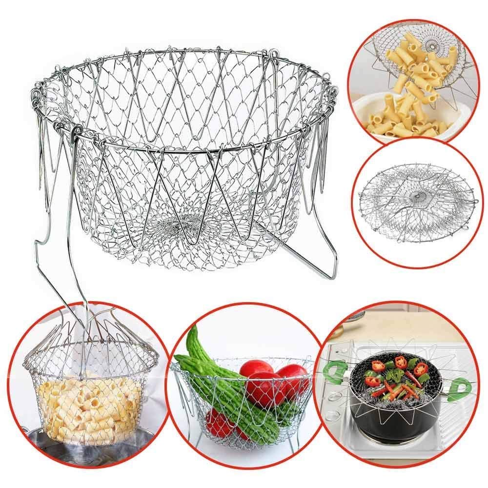 Stainless Steel Multi-Functional Foldable Chef Basket | Deluxe Kitchen Colander for Steam, Rinse, Strain & Fry