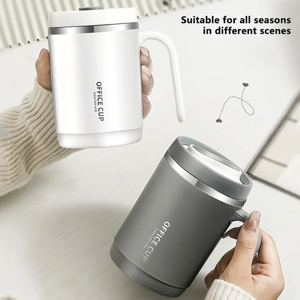 Steel Insulated Travel Mug with Lid & Straw – Coffee, Milk & Juice Cup with Handle | Portable Hot & Cold Drink Mug