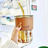 Reusable Coffee Mug with Straw 300ml | Leakproof Lid & Heat-Resistant PU Leather Sleeve for Hot & Cold Drinks