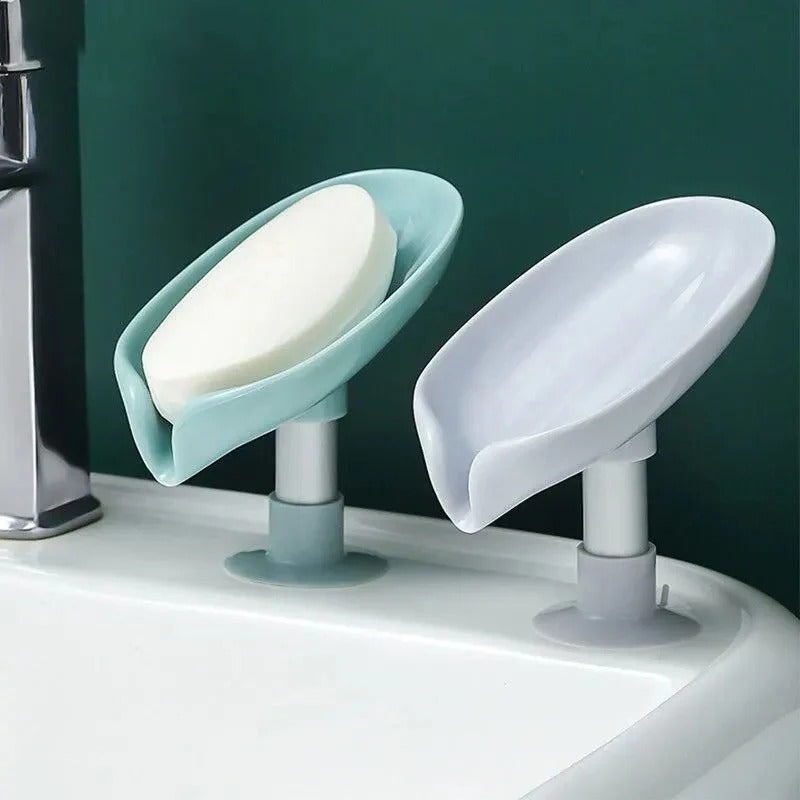 Leaf-Shape Self-Draining Soap Holder – 45° Slanted Soap Dish with Suction Base