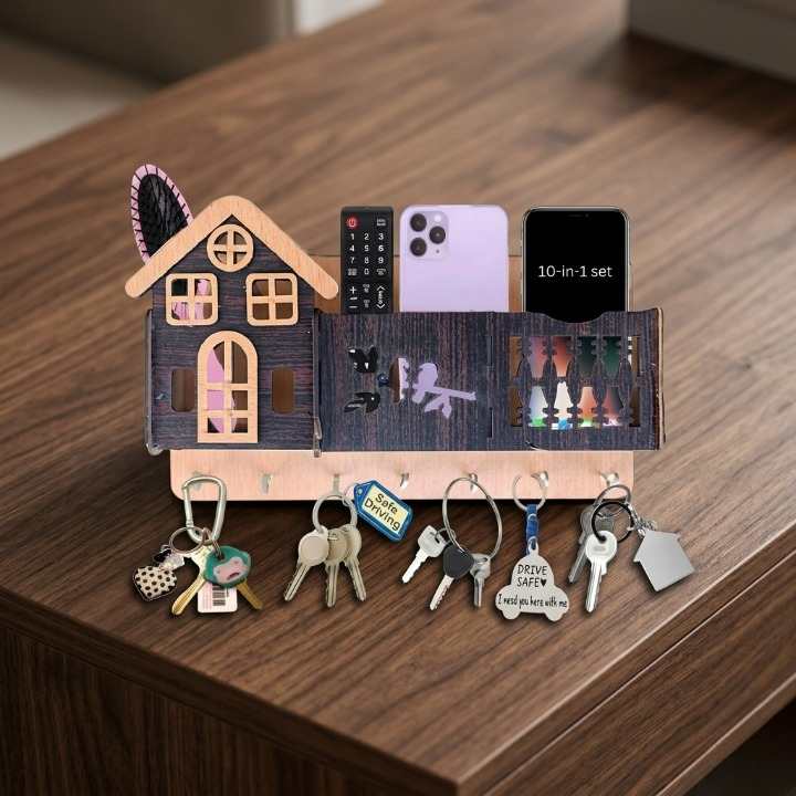 Decorative Wooden House Key Holder Wall Mounted - 6 Hooks Key Organizer with Marble Finish