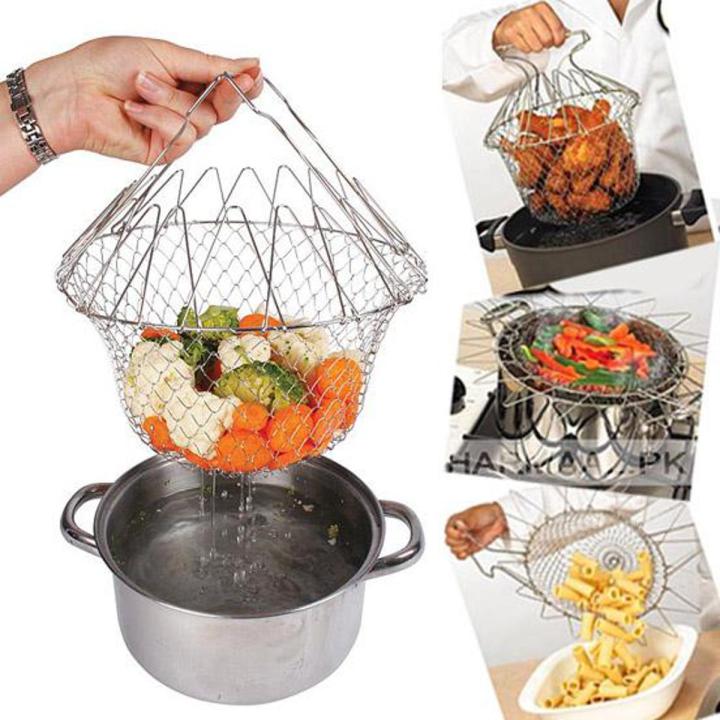Stainless Steel Multi-Functional Foldable Chef Basket | Deluxe Kitchen Colander for Steam, Rinse, Strain & Fry