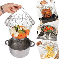 Stainless Steel Multi-Functional Foldable Chef Basket | Deluxe Kitchen Colander for Steam, Rinse, Strain & Fry