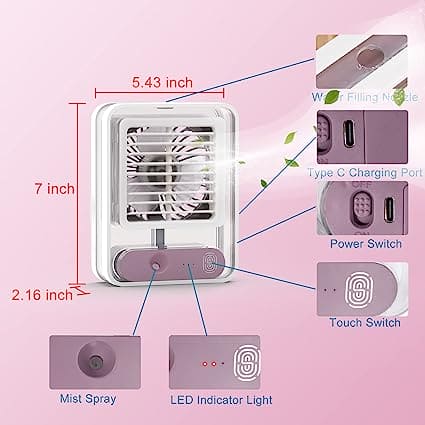 Type C Rechargeable Portable Mini Air Conditioner with Humidifier & 3 Speed Fan
